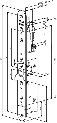 ABLOY EL404 Bijzetslot | solenoid | zelfvergrendelend | DM25 | 30 en 35mm | PC | voorplaat RVS 25x251mm afgerond | spanningsloos vergrendeld | 12/24V AC/DC | DR 1+2+3+4 - 10025054-2