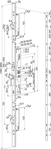 ABLOY EL466 Veiligheidspaniekmeerpuntssluiting | enkelzijdig krukgestuurd | zelfvergrendelend | SKG*** | DM40mm | PC92mm | voorplaat RVS 24x1760mm U-vormig | 12/24V DC | DR 1+2+3+4 - 10041735-2