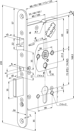 ABLOY EL562 Veiligheidspaniekdeurslot | enkelzijdig krukgestuurd | zelfvergrendelend | SKG** | DM80mm | RC74mm | voorplaat RVS 24x235mm afgerond | 12/24V DC | DR 1+2+3+4 - 10013907-2