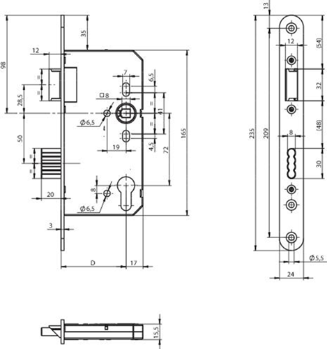 ASSA ABLOY N1000 Deurslot | DM55mm | PC72mm | krukgat 8mm | voorplaat RVS 24x235mm rechthoekig | zamac vernikkelde dagschoot | DR 1+3/2+4 - A000127485-2