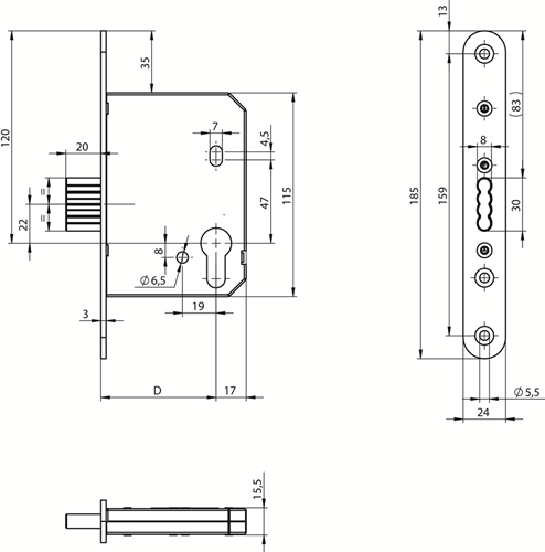 ASSA ABLOY N1003 Kastslot | DM65mm | PC | voorplaat RVS 24x185mm afgerond | DR 1+2+3+4 - 10049506-2