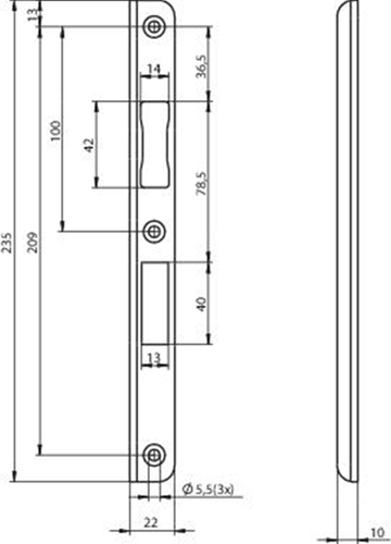 ASSA ABLOY N6000 Hoeksluitplaat | RVS 22x235x10x3mm rechthoekigDM| DR 1+3 - 10049714-2