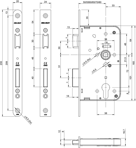 ASSA ABLOY 2420 Deurslot | DM60mm | PC72mm | krukgat 8mm | voorplaat RVS 24x235mm rechthoekig | DR 1+3/2+4 - 7262535-2
