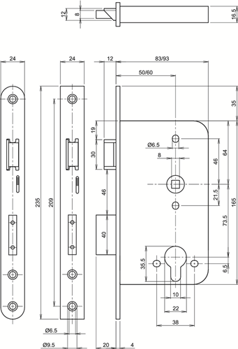 ASSA ABLOY 2428 Paniekdeurslot | SKG** | DM60mm | RC73,5mm | krukgat 8mm doorgaand | voorplaat RVS 24x235mm rechthoekig | DR 2+4 - 7269572-2