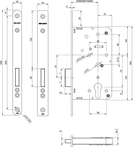 ASSA ABLOY 2455 Kastslot | DM50mm | PC | voorplaat RVS 20x235mm afgerond | DR 1+2+3+4 - 7962021-2