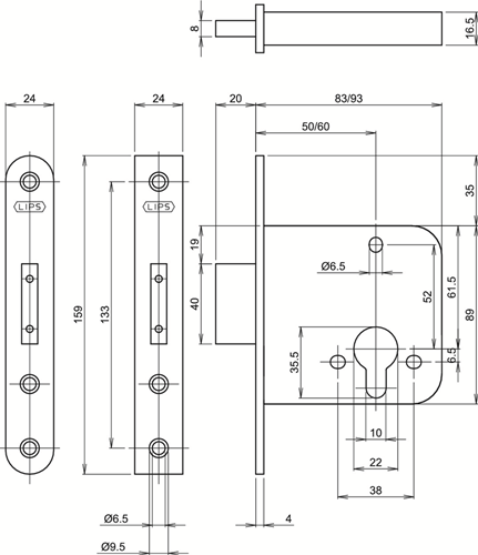 Lips 2456 Veiligheidsbijzetslot | SKG** | DM60mm | RC | voorplaat RVS 24x159mm rechthoekig | DR 1+2+3+4 - 7267905-2