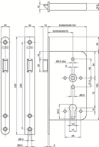 ASSA ABLOY 2466 Cilinderloopslot | DM80mm | PC72mm | krukgat 8mm | voorplaat RVS 24x235mm afgerond | DR 1+3/2+4 - 10021487-2