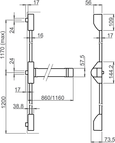 Lips FLBT101Z Paniekopener Freedom Line Model T | met duwbalk | 2 - 3 sluitpunten zijwaarts met nachtschootblokkering | 860mm kleur zilvergrijs/zilvergrijs. - 7225580-2
