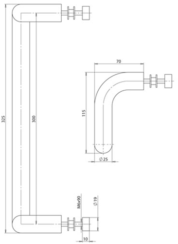 ASSA ABLOY RVS deurgrepen | deurgreep U vorm | ø25x325mm | as 300mm | hoogte 70x115mm - P000238164-001-001-2