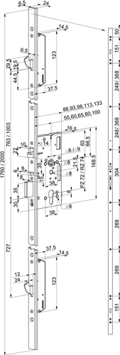 ABLOY EL566 Veiligheidspaniekmeerpuntssluiting | enkelzijdig krukgestuurd | zelfvergrendelend | SKG*** | DM55mm | PC72mm | voorplaat RVS 24x1760mm U-vormig | 12/24V DC | DR 1+2+3+4 - 10041769-2