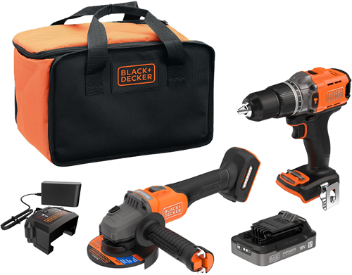 BLACK+DECKER KIT: 18V schroefklopboor en Brushless haakse slijper met 1x18V 2,5Ah accu en accessoire - BCK24E1SB-QW