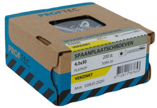 Proftec Spaanplaatschroef Vz Pk +Snijpunt Torx TX20 (+Bit) 4.0X30 | 200 stuks - 5206.01.25201