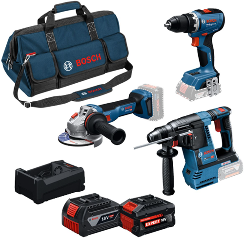 Bosch Blauw 3-delige Comboset GSR 18V-65 Accuboormachine, GBH 18V-26 Boorhamer, GWS 18V-11 Haakse slijper, 2x GBA 18V 5,0Ah-5,5Ah - 0615A500AJ