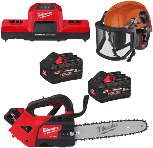 Milwaukee M18 FPP1OPL2-802 Accu Kettingzaagset | 1x M18 FTHCHS30-0 Accu Kettingzaag + 1x BOLT200 Helm + 1x BOLT Gelaatscherm (2x 8.0Ah accu) - 4933500230