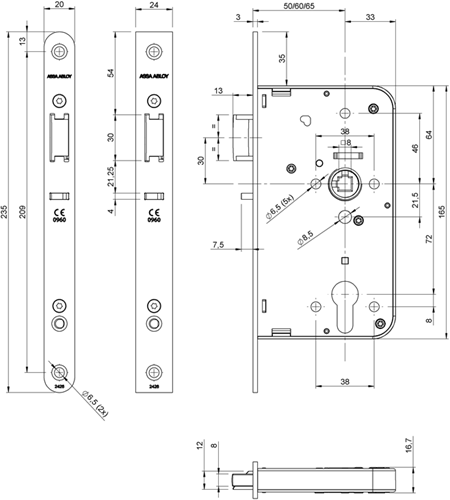 Lips 2426 Centraalslot | DM60mm | PC72mm | krukgat 8mm | voorplaat RVS 20x235mm afgerond | sluitplaat SPT2421 R | DR 1+3 - 7264604-2